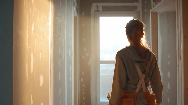 A beautiful female finishing engineer inspects interior wall textures inside a newly built condominium during morning light
