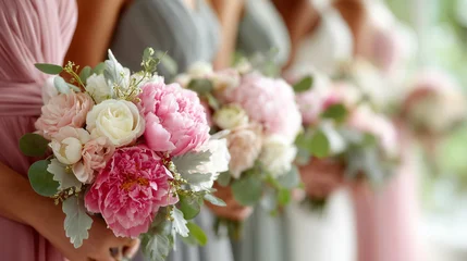 Fototapete Pfingstrosen Elegante Brautsträuße und Blumenarrangements in moderner Hochzeitsszene  © LElik83