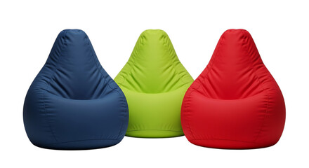 Three colorful bean bag chairs isolated on transparent background