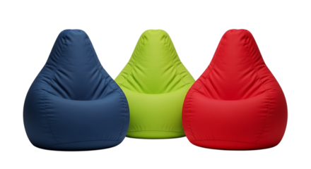 Three colorful bean bag chairs isolated on transparent background
