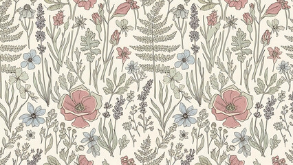 Vintage seamless floral pattern design with retro flower illustration, nature vector texture, and spring leaf ornament backdrop