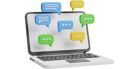 Modern Laptop with Colorful Chat Bubbles 3D Render Online Communication Social Media Instant on transparent background