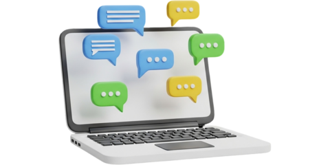 Modern Laptop with Colorful Chat Bubbles 3D Render Online Communication Social Media Instant on transparent background