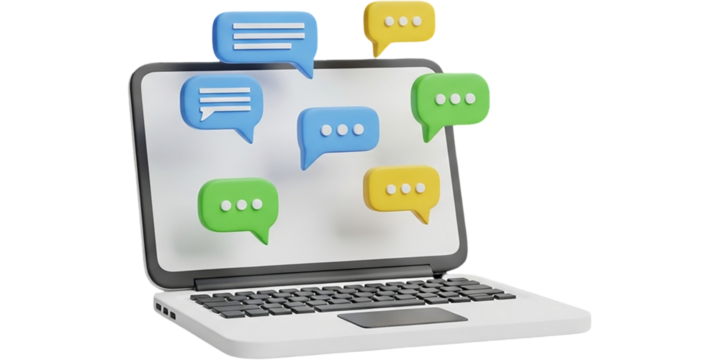 Modern Laptop with Colorful Chat Bubbles 3D Render Online Communication Social Media Instant on transparent background - Powered by Adobe