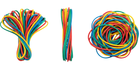 Colorful Rubber Bands Organized Stacked and Tangled Elastic Variety in Yellow Red Green and on transparent background
