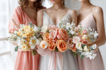 Naklejka premium Elegante Brautsträuße und Blumenarrangements in moderner Hochzeitsszene