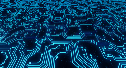 Futuristic digital network circuit with glowing neon connections on black technology surface
