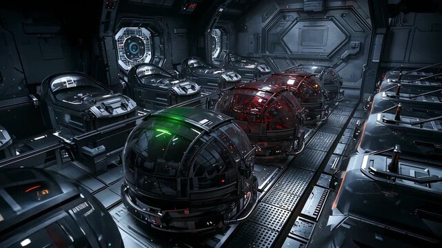 Playback starting camera pushing forward through ship containment bay, highlighting green pod dome