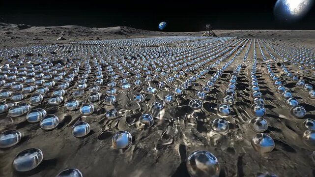Panning camera surveying dense lunar mirror array on regolith, Earth and lander visible