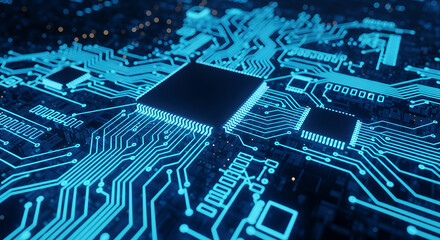 Futuristic digital network circuit with glowing neon connections on black technology surface