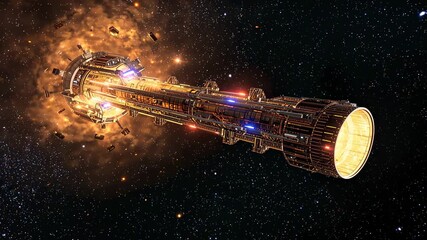 Drifting long spacecraft rightward in stars after engine flaring, debris spreading, lights pulsing - Powered by Adobe