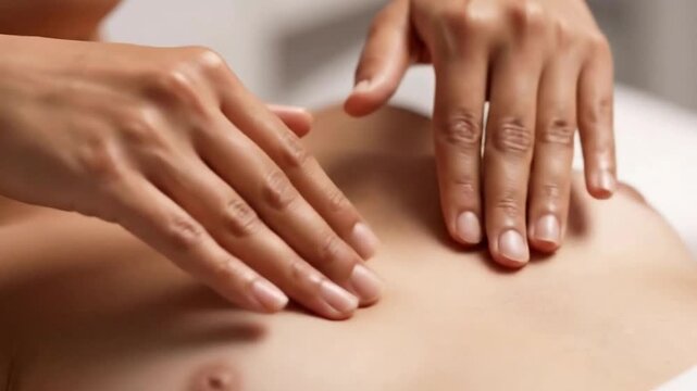 Hands Performing Gentle Abdominal Massage on a Person in a Well-Lit Spa Room