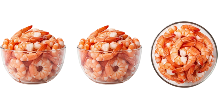 Three bowls full of delicious cooked shrimp catering seafood shrimp cocktail appetizers on transparent background