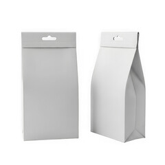 Two blank white paper bags with hanging tabs isolated on transparent background