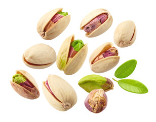 Pistachios, some cracked open, with green leaves, on black
