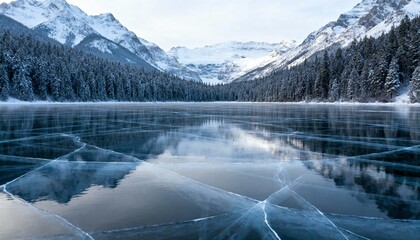 Frozen lake with snowy pines and distant mountains