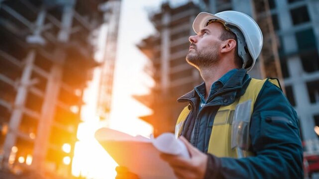 A handsome male engineer inspects structural steel beams at a high-rise construction site during sunrise