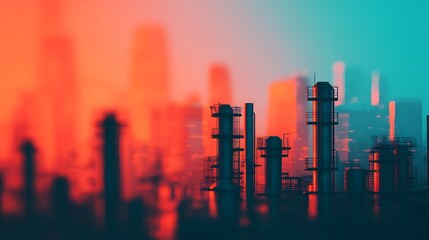 A vibrant, abstract depiction of industrial silhouettes against a colorful gradient background, showcasing urban development and modern architecture.