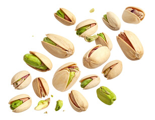 Pistachios, some opened, some closed, on black background