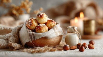 Traditional lithuanian kukukai pastry served with sesame seeds and hazelnuts on a rustic table.Kuchukai is a Lithuanian pastry with sesame and hazelnuts.
