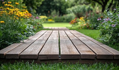 Fototapeta premium Wood surface in a green garden park, with ample copy space for marketing or advertising purposes. The serene environment offers a perfect backdrop for eco-friendly, Generative AI