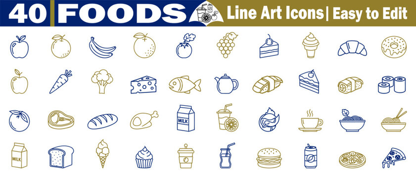 Set of 40 food line art icons vector, easy to edit, collection for restaurant website vector illustration. 