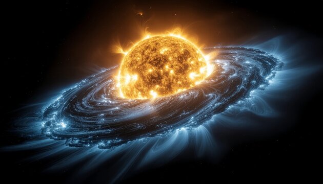 A vibrant, fiery star at the center of a swirling blue cosmic nebula or protoplanetary disk.