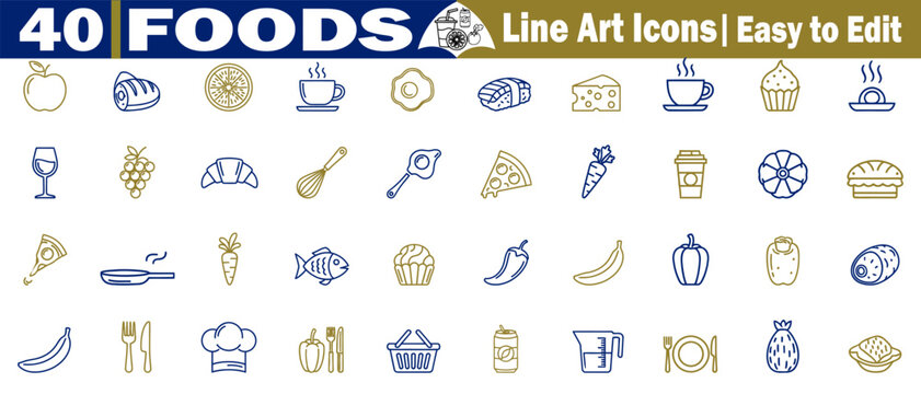 Set of 40 food line art icons vector easy to edit collection for café and bistro, orange, coffee, sushi, cheese, cupcake, carrot, banana, illustration. 