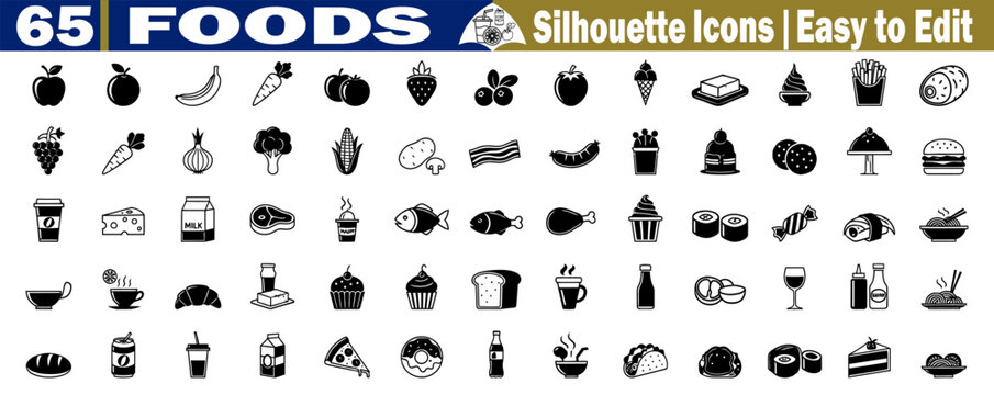 Set of 65 food silhouette icons vector, easy to edit, collection, for a culinary theme, menu illustration. 