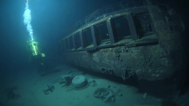 Responding to command, submersible moving closer, inspecting rusted hull on seabed, copy space