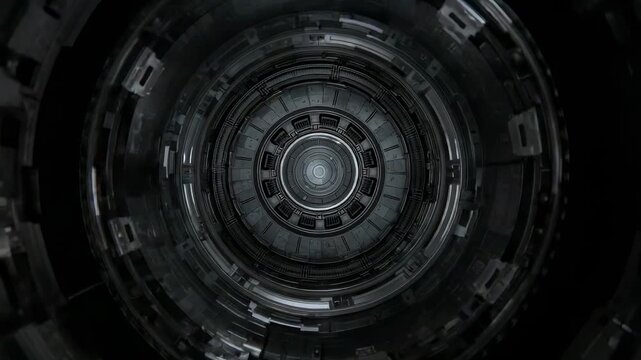 Pulling camera approaching central metal rings and hub inside shaft, revealing panels and cables
