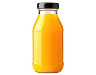 Glass bottle full of bright orange juice on black