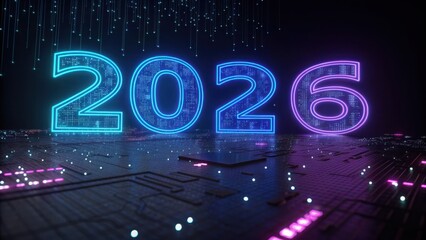 3D render of the number "2026" in glowing blue and purple neon typography, floating above a dark, complex circuit board. Represents technology, AI, data, and the digital future concept.