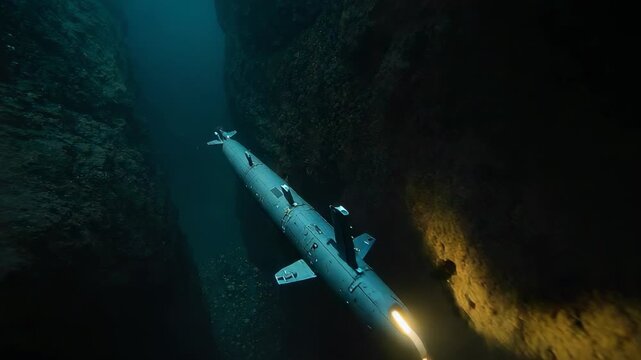 Entering torpedo AUV navigating subsea canyon, forward light lighting right wall, rear prop turning