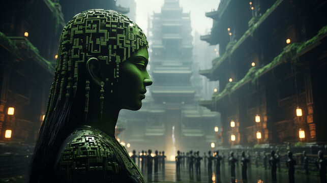 Moss-Covered Cyber Woman in Ancient City