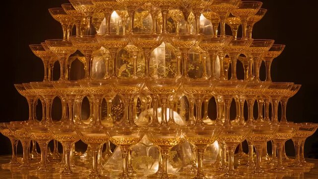 Starting offstage pour filling top coupes, cascading down tiered pyramid, creating golden bubbles