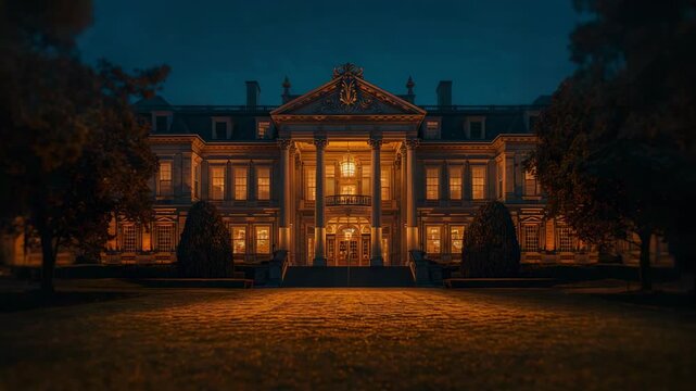 Starting slow zoom, camera pushing toward mansion at night, highlighting columns and lit windows