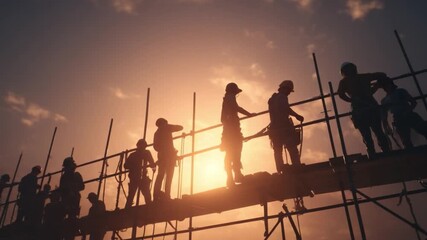 A young female safety trainer conducts fall-protection drills with workers on a training scaffold at sunrise, emphasizing safety and teamwork in a construction environment.