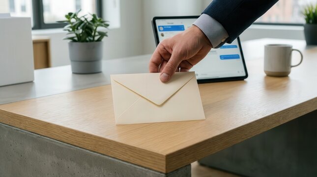 Professional hand placing cream envelope on a modern wooden desk with tablet and plant - Powered by Adobe