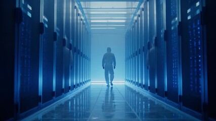 A young male engineer evaluates the efficiency of a cooling system in a data center corridor illuminated by blue LED lights.