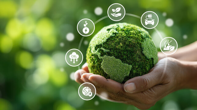 Hands holding green moss globe, sustainability icons, renewable energy, eco friendly, clean environment, nature conservation, positive impact