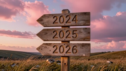 Future Years 2024, 2025, 2026 on Wooden Signpost at Sunset
