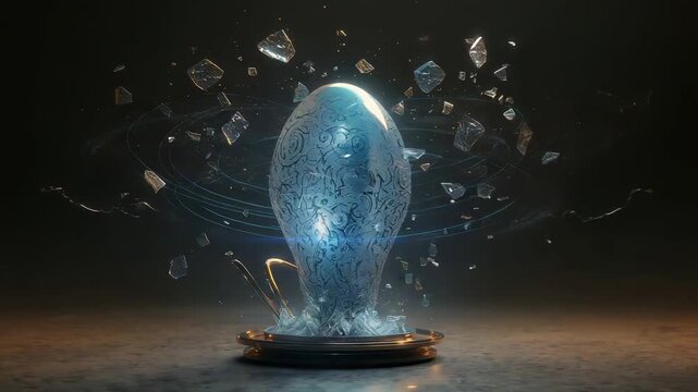 Brightening from inside, ornate egg lifting shards and forming cyan rings on metallic platform