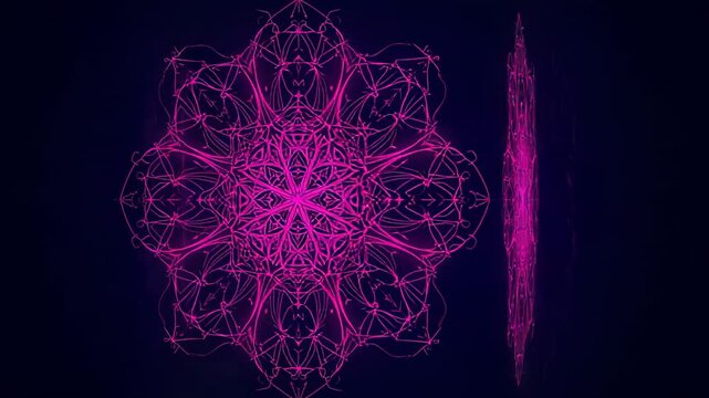 Animating neon-pink mandala duplicating and shifting center to sides on navy with radial filaments