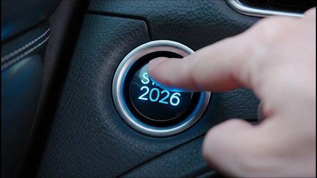 Finger pressing a glowing blue start button with 2026 displayed on a car dashboard engine ignition
