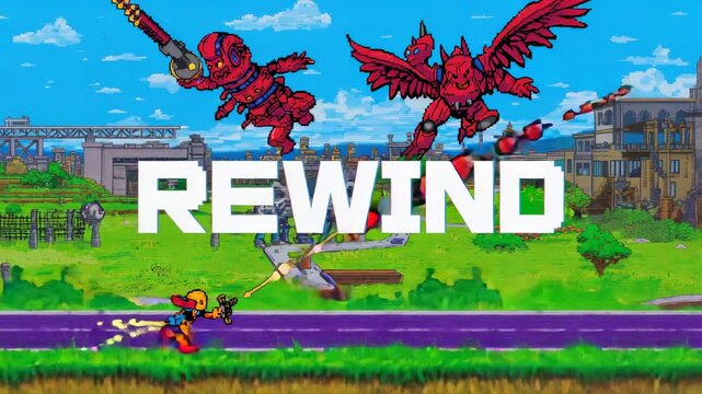 Pressing fire button yellow helmet player running and firing blaster to hit enemies on track REWIND