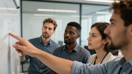 Diverse Business Team Collaborating on a Whiteboard in a Modern Office