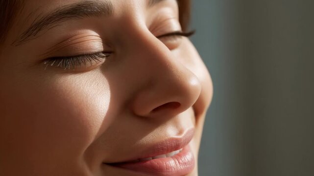 Responding to frame change, smiling woman shifting face in room by right light, savoring calm