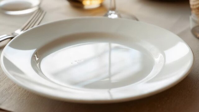 Shifting sunlight moving over empty white plate on table from window showing fork glass stem napkin