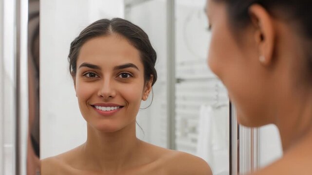 Facing mirror, woman smiling in bathroom while observing self, bare shoulders, stud earring